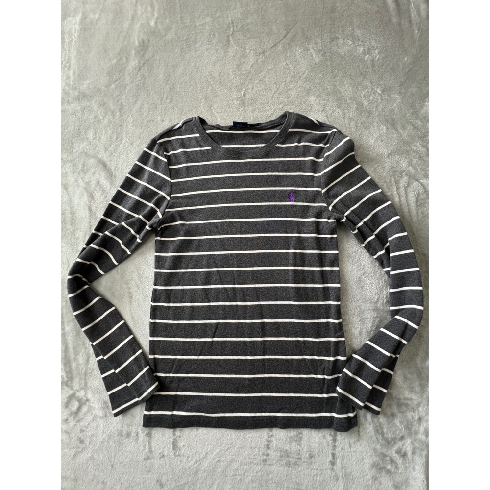 Ralph Lauren Sport Shirt Womens XL Gray Striped Long Sleeve Cotton Crew Neck Tee